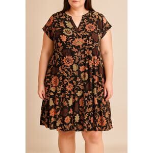 Roller Rabbit Taos Pamela Black Floral Babydoll Dress XL Viscose Cotton